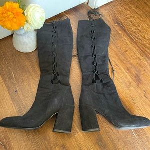 Black tie up lace heeled boots